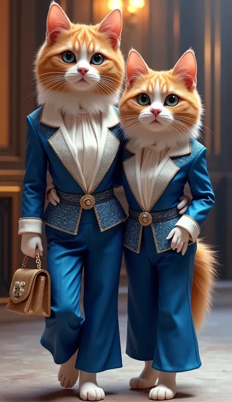 Cute cat wearing a mother daughter combination blue white contrast sparkles shiny glamorous evining Cort set outfit very stylish desiner out fit carry bag going party together his daughter