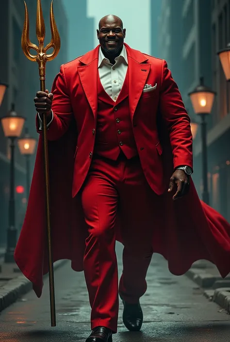  A man, high, strong, muscular, negro, Dressed in red dress clothes and red cape , bald,  with a large, golden trident in one hand and a cigar in the corner of her mouth,  smiling.  She walks down the dark street with small lamp posts  