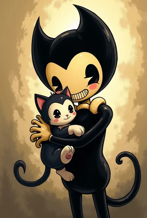 Bendy from the ink machine hugs a kitten