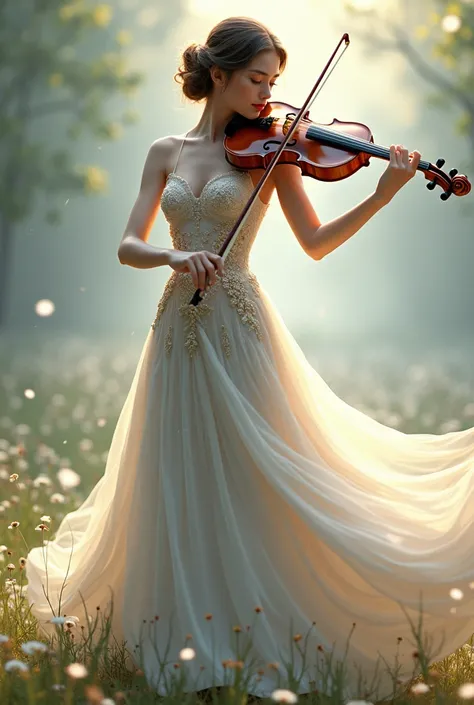 s playing violin in dresses