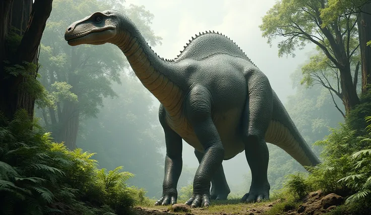 a huge prehistoric dinosaur, a massive brontosaurus dinosaur in a lush prehistoric landscape, detailed textured scales, powerful legs, long neck, photorealistic, 8k, extremely detailed, (best quality,4k,8k,highres,masterpiece:1.2),ultra-detailed,(realistic...