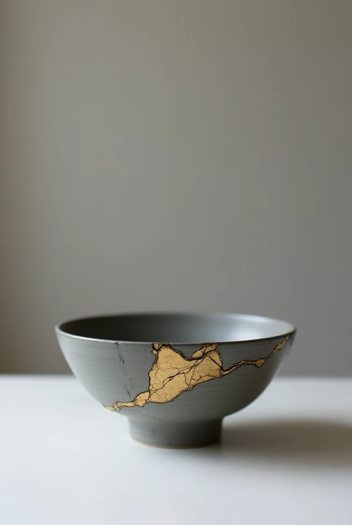 A beautifully repaired ceramic bowl featuring a matte gray finish. The bowl showcases intricate gold veins that highlight the cracks, embodying the Japanese art of Kintsugi. Its elegant shape is complemented by a slightly flared rim and a sturdy base, symb...