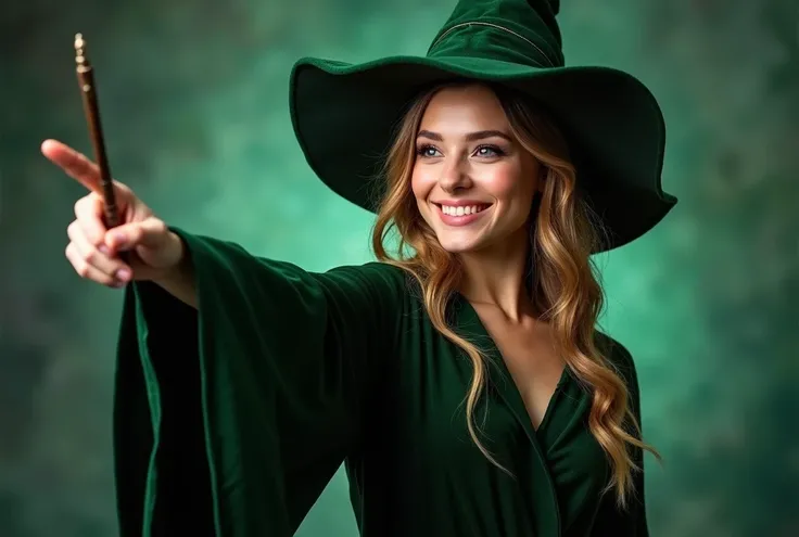 Realist, Alive, Beautiful european female bimbo holding a magic wand, dressed as Slytherin wizard, pointing the wand at viewer while smiling, 