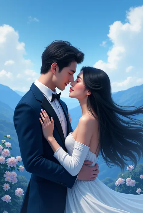  Beautiful girl with long hair, wavy and black, giving a kiss. Still a tall boy , handsome,  with blue landscape in the background (The boy in the suit and she in the white dress)