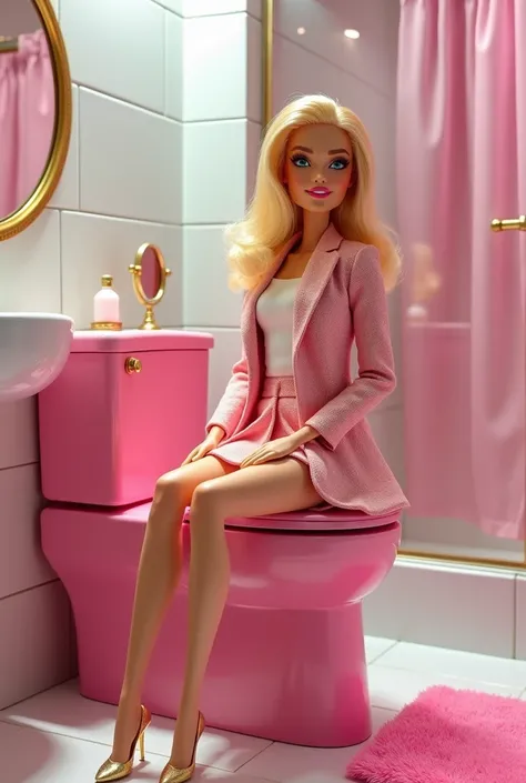 Barbie gets ready sitting on her toilet