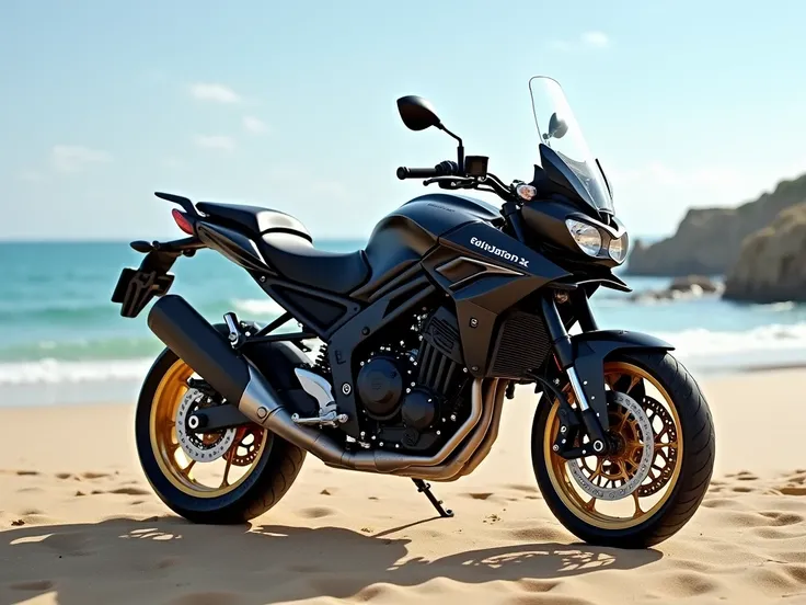 Faça uma triumph tiger 1050cc 2012,  high resolution, In front of a realistic beach ,  the tiger is black with a gold wheel 