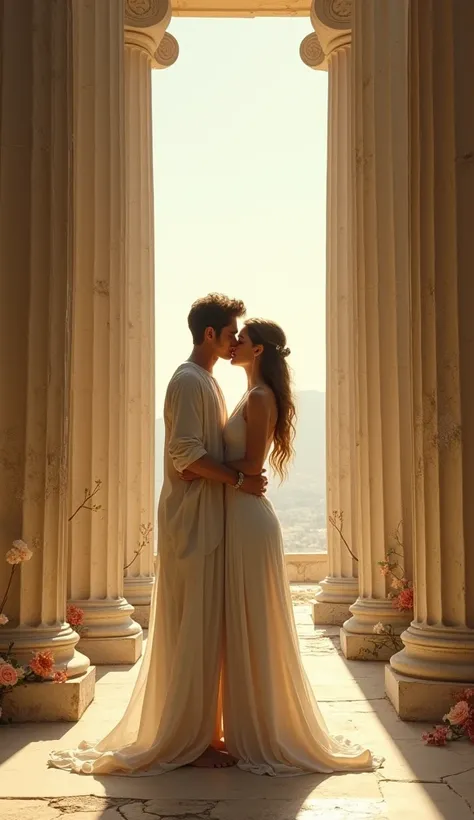 A timeless, serene moment of two lovers sharing a quiet moment in an ancient Greek temple, with soft sunlight streaming through columns and an atmosphere of philosophical intimacy.