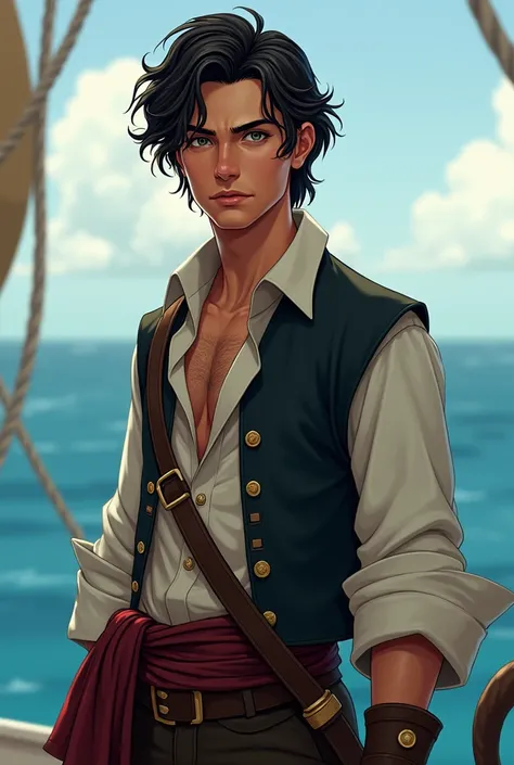 a pirate,Young,  with fair skin and dark hair,  that even touch the shoulder , wavy, handsome and with a firm look .