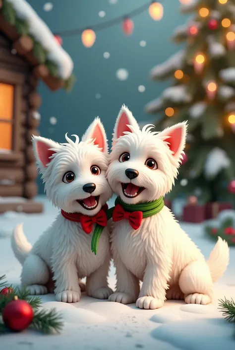 A Christmas image with two Westie dogs, one male and one female, with a Christmas message in French 