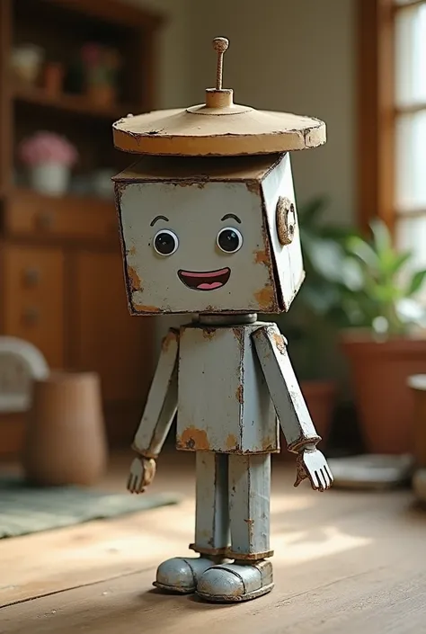 A silver character, male, no arms and legs, with a cymbal on his head, made out of cardboard, paper, googly eyes, And other crafting materials, house background