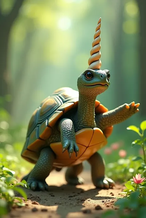 Create a dancing tortoise with a unicorn horn on his back