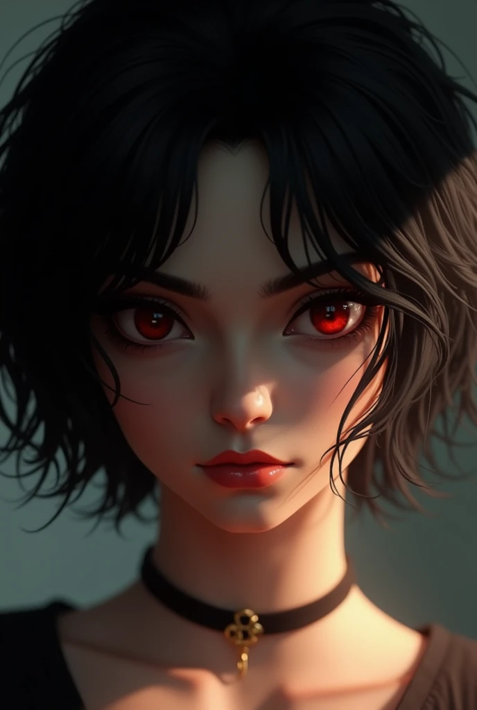 Beautiful woman with deep angry mysterious eyes, short wavy black hair, 3/4 angle, simple background and lighting on her face coming from side Best Quality, Detail, High Details, Textured Skin, Red Eyes, Super Detailed,Realistic3D Rendering, 