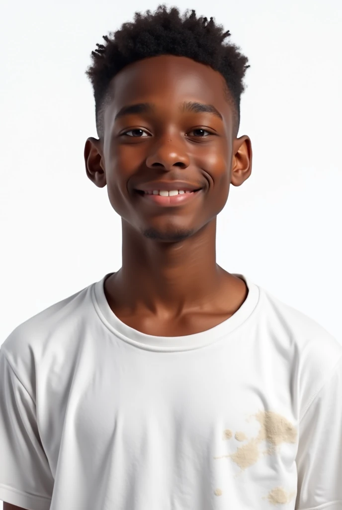 17-year-old black boy with slightly frayed white t-shirt, short hair without beard and white background from the front smiling a little