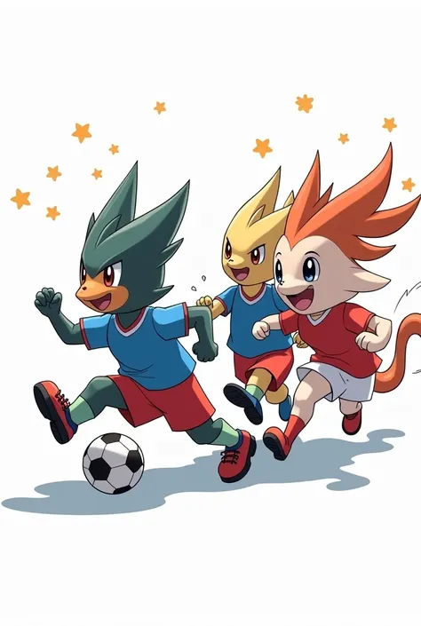 Pokemon playing soccer ,  wears blue and red uniforms,  white background,  sticker