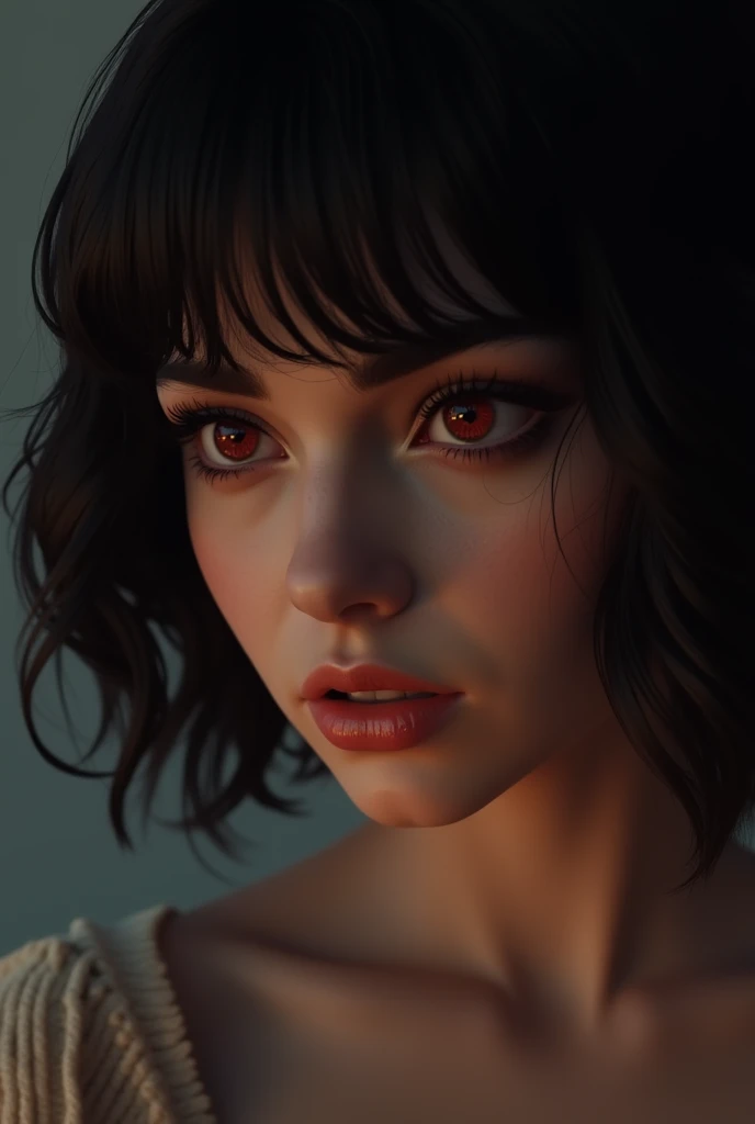 Beautiful woman with deep angry mysterious eyes, short wavy black hair, look side angle, simple background and lighting on her face coming from side Best Quality, Detail, High Details, Textured Skin, Red Eyes, Super Detailed, Cinematic, Realistic,3d