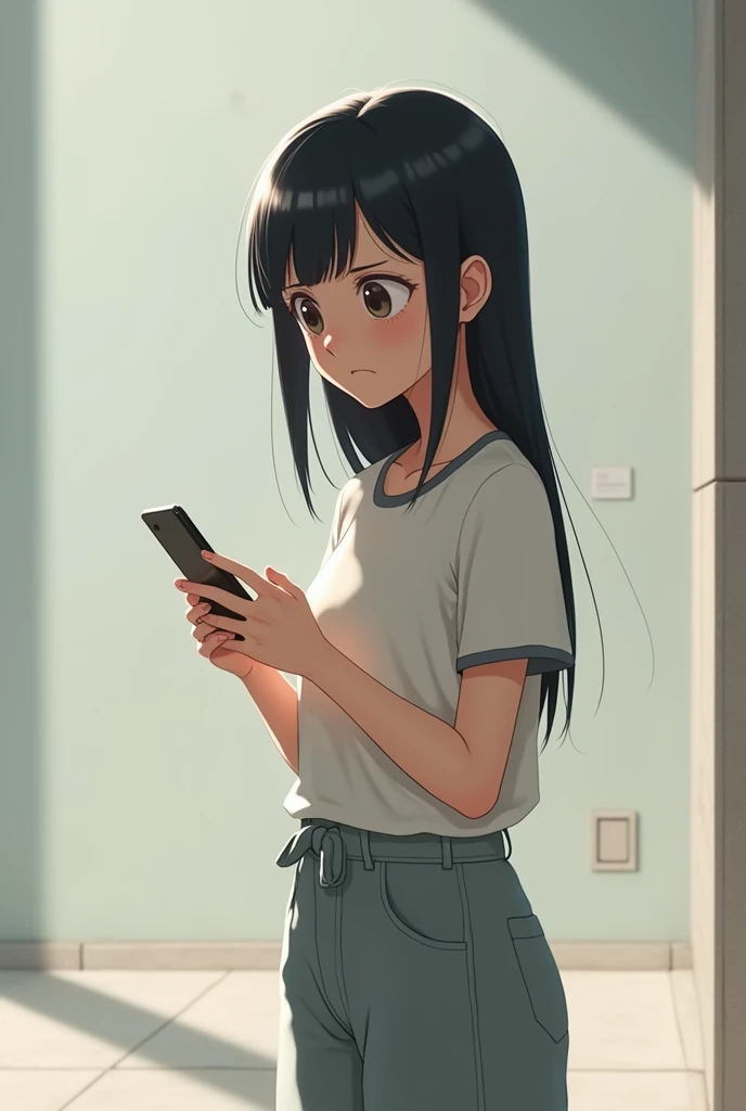 A girl with straight black harusing her phone standing and looking straight confused