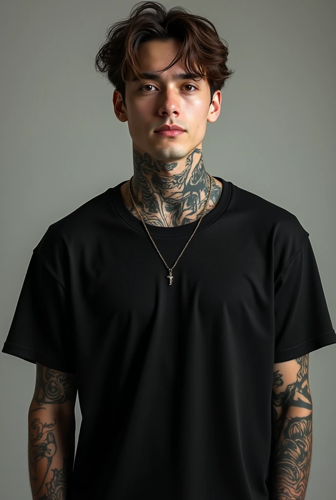  Young man,  white skin ,  light brown eyes ,  slightly wavy brown hair , tattooed, black casual clothes 