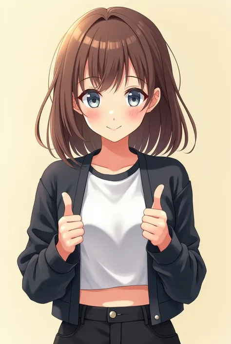  A beautiful anime girl with straight brown hair up to the shoulder blade, with gray-blue eyes , mouthfull ,  shows her thumbs up and smiles .  Dressed in black pants and a white short top , and a black sweater on top 