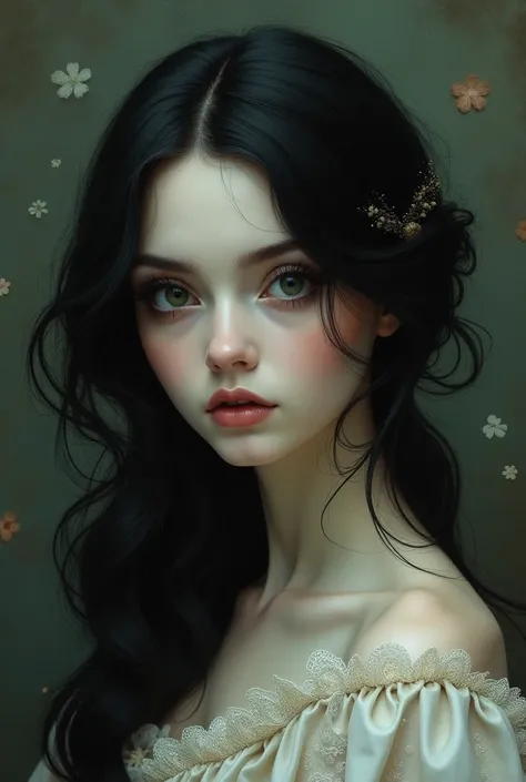  You draw me a woman with black hair from the Victorian era who has big eyes and long eyelashes, dark eyes, Mark Ryden style round face ?