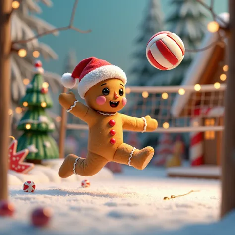 gingerbread doll playing volleyball with a Christmas hat