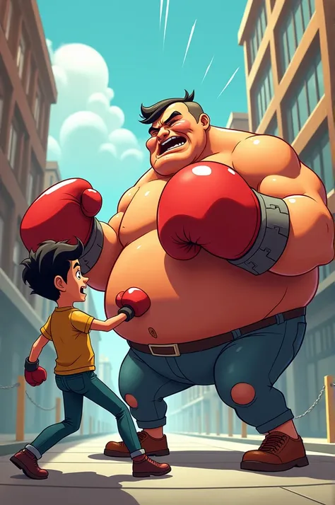 Airbag boxer hitting a young man, animated characters