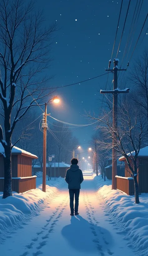 A poetic and emotional winter scene inspired by Japanese ballad lyrics. A quiet, snow-covered street illuminated by soft, warm streetlights. A young man stands alone, looking down a path lined with snowy trees, his breath visible in the cold air. The atmos...