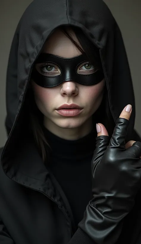  Close-up of the masked woman looking directly at the camera ,  His expression is calm , but intriguing ,  as she tilts her head slightly and raises her hand gently, as if inviting someone to answer your question .