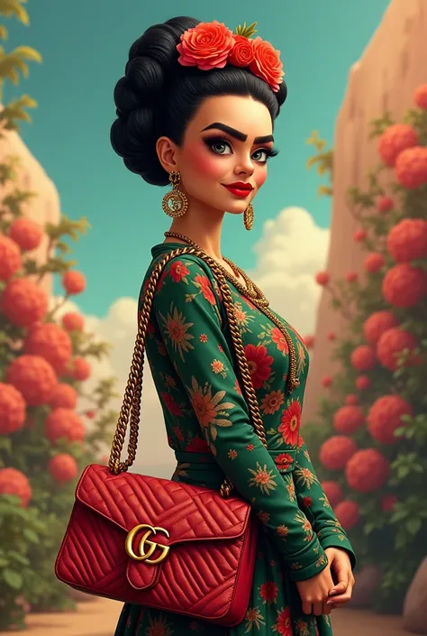 Frida khalo realistic cartoom carrying gg marmont gucci bag