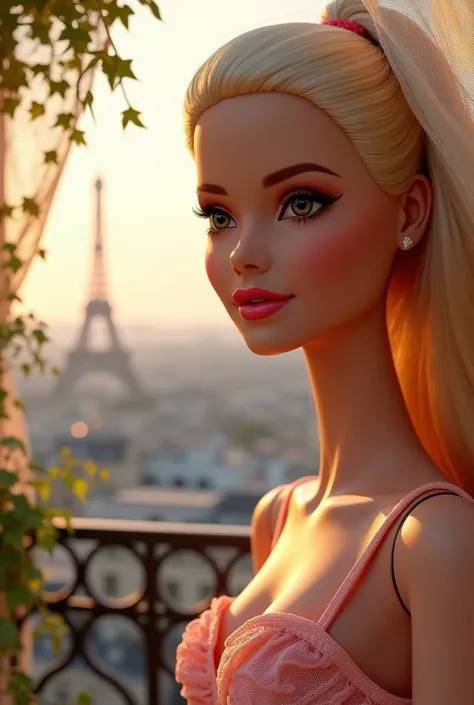 Barbie face in the foreground of the Paris balcony