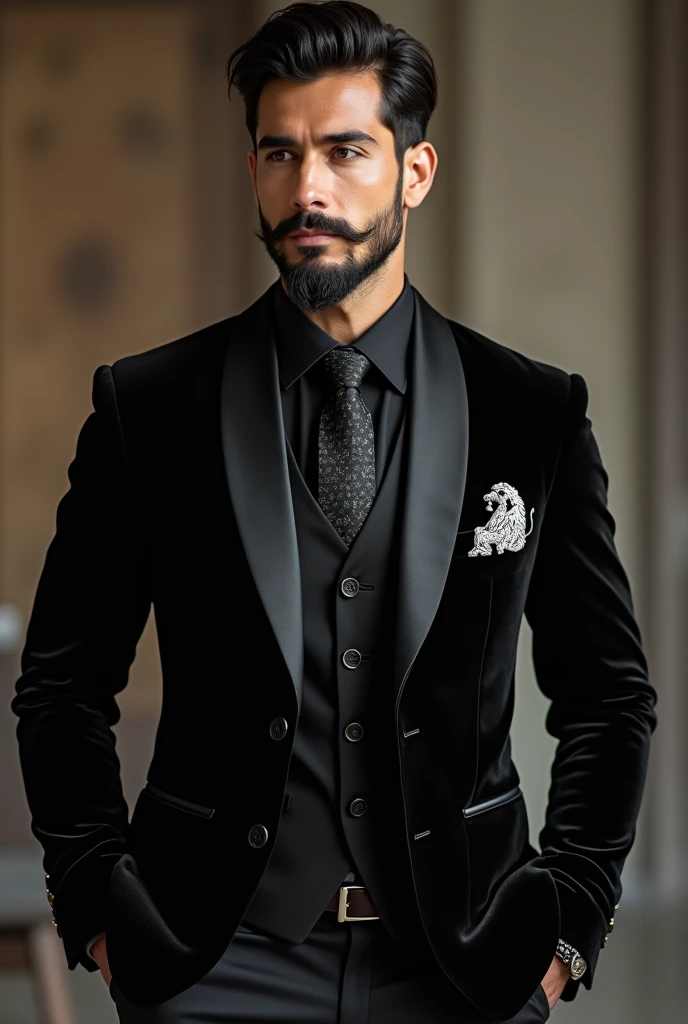 Black velvet suit weared by 26 year old men with white color lion karhai on it either on bback or front.