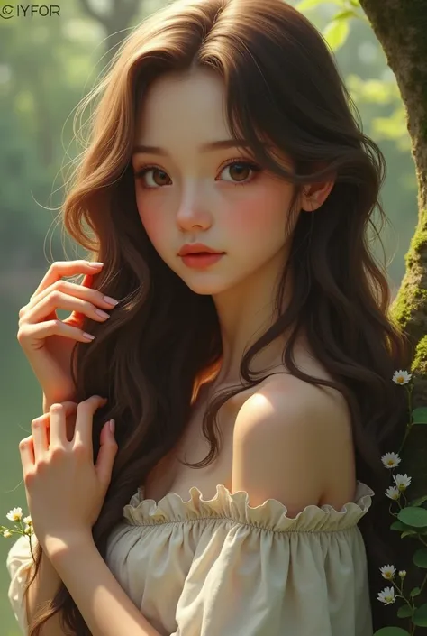 A girl with bark wavy hair fixing her hair