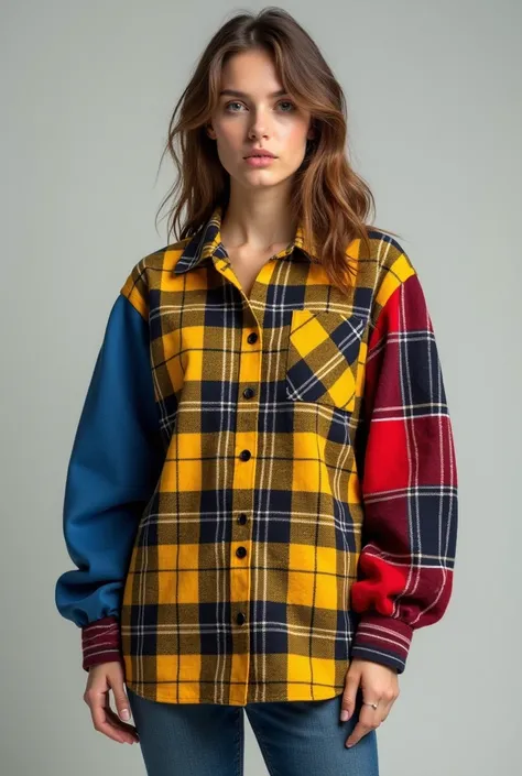  Yellow flannel design attached to the body, for lady, with long sleeves ,  one blue and one red , with shirt collar or lapel 
