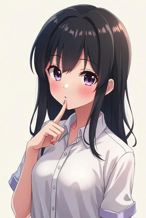 anime girl with black hair and white shirt holding her finger to her lips, anime moe artstyle, anime visual of a cute girl, beautiful anime high school girl, with index finger, smooth anime cg art, yuyushiki, anime best girl, (anime girl), gapmoe yandere, ...