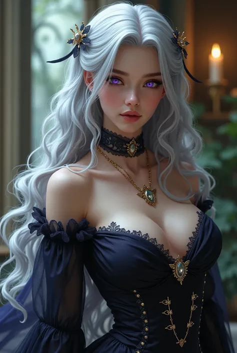  Young nobleman , tall silver hair ,  purple eyes,  big breasts and small waist wide hips 