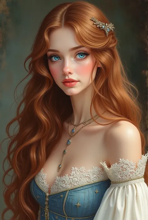  A woman with very long hazel hair ,  dresses in a pure and elegant style of the middle ages ,  her eyes are blue like the sky with reflections like diamonds, She is very beautiful, It looks like a porcelain doll ,  and that the drawing style is that of th...