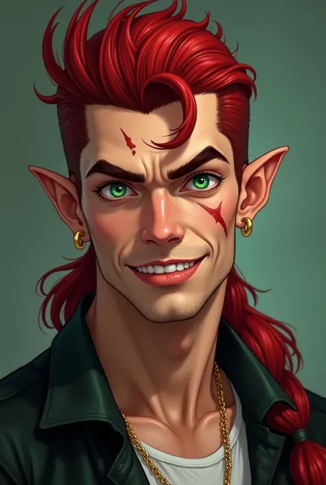 Tall, beautifully handsome man, late twenties. Dark red hair, mullet. Green eyes, scar across his left brow. Gold ear piercings. Pointed ears. Cocky grin. Clean face