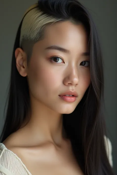  Korean Ro Woon 35 years old , penteado cacheado Buzzcut,  blonde hair ,  fair skin ,  textured skin , goatee beard,  black eyes ,  defined rectangular jaw , 1,85 inches tall, with Gisele , 21 years old, pele morena,  long straight black hair ,  honey-colo...