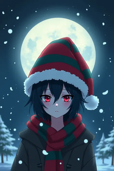 Emo with Christmas hat in front of the Moon anime style