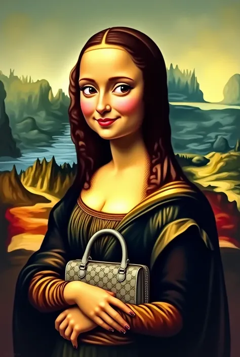 Mona lisa cartoon standing carrying gg gucci bag 