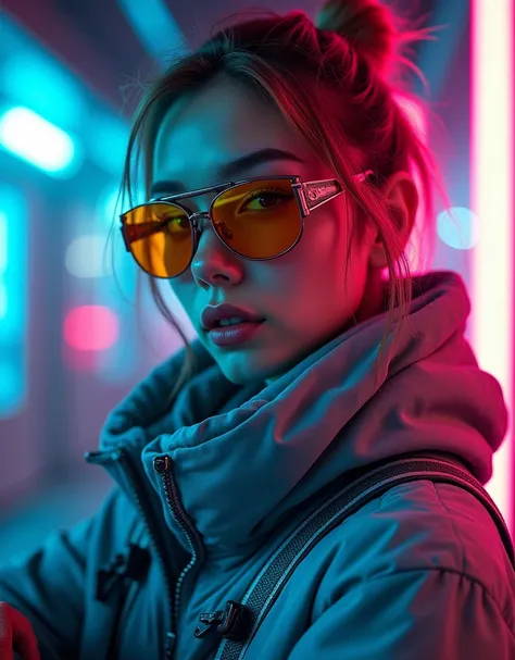 une belle jeune femme caucasienne porte du métal pour le futuriste, cyberpunk, technologie futuriste,  et filles tenant des armes aux couleurs éclatantes , portant des lunettes de science-fiction, dans le style de yuumei, turquoise clair et argent clair, c...