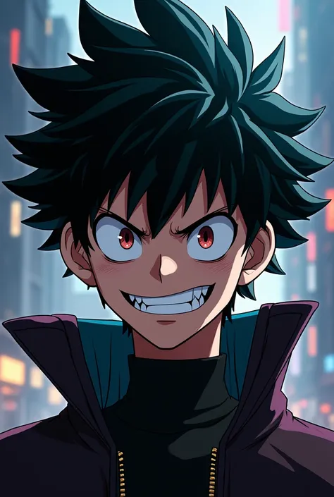 A 30-year-old villainous boy , with black hair,  He has a malicious smile , My hero academia anime style