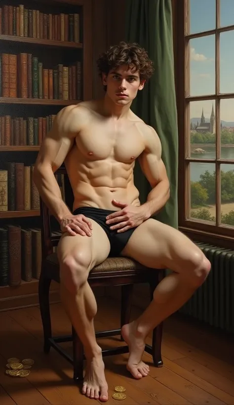 masterpiece,oil painting_barroque+ultradeailed, Best quality at best,full-body view,1 young man ,20 years old,Tall and well-proportioned,musculous,shirtless, pantless, barefoot, naked, his hand covering his bulge, Seated,desafiant gaze, power posture, look...