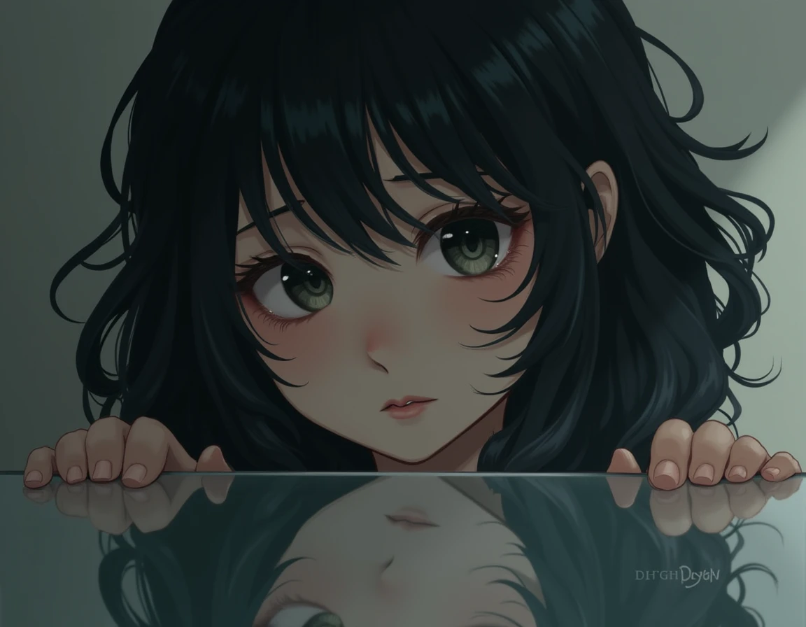 A girl with wavy black hair over the shoulder into the mirror scene with nk expression 