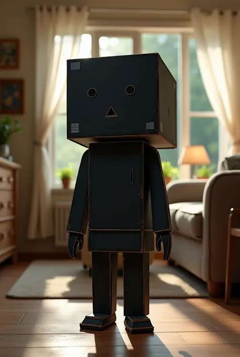 A black character made of cardboard, male, with a face, house indoors background