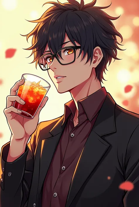 anime guy with glasses and a drink in his hand, a character portrait by Eizan Kikukawa, tumblr, serial art, handsome guy in demon slayer art, with a drink, kentaro miura manga art style, delicate androgynous prince, handsome anime pose, beautiful androgyno...