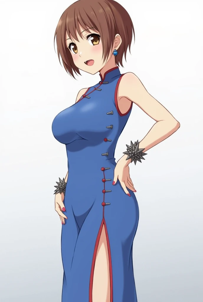 1girl, solo, blush, open mouth, short hair, large breasts, brown hair, navel, jewelry, brown eyes, standing, full body, earrings, sleeveless, nail polish, gradient background, blue dress, chinese clothes, china dress, pelvic curtain, spikes, spiked bracele...