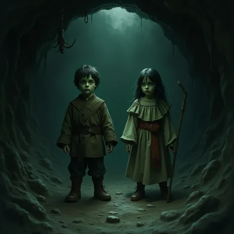  a boy and a girl , of eight and nine years old ,  dressed in 11th century clothes,  in a dark hole in the Earth, with a scared face and with green skin. Make it mysterious 