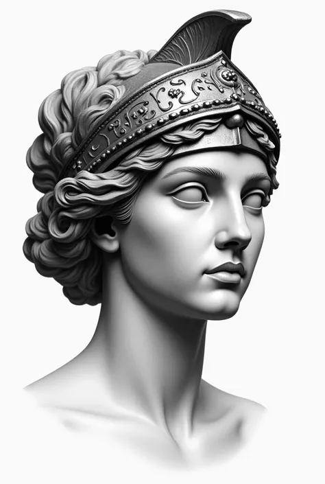  Create a portrait drawing in the following description :  the bust of a female figure complete with serene features  ,    probably representing a Greek or Roman goddess . It is adorned with a decorative helmet , suggesting that it may be Athena (  goddess...