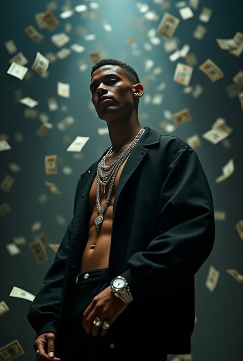 A 20-year-old Italian rapper with fair skin, natural brown hair, and sharp features stands in the center of a dark, moody setting. The atmosphere feels surreal as crisp dollar bills rain down from above, creating a mesmerizing cascade of wealth. He’s dress...