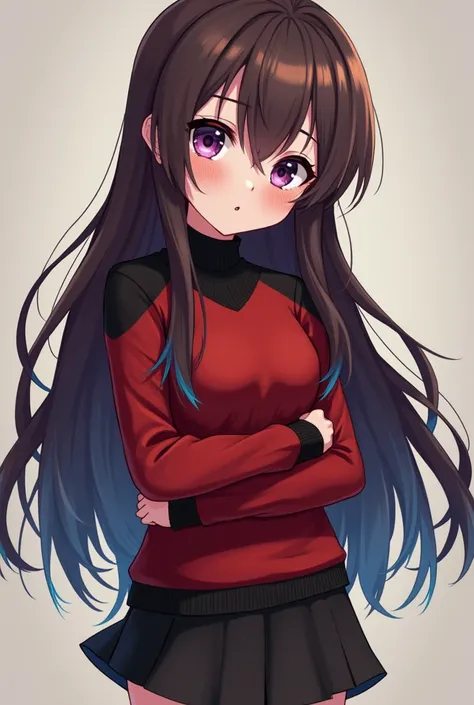  A girl with pale skin with freckles all over her body,  purple eyes ,  long brown hair with blue tips ,  with her red and black sweater , her short pencil skirt  ,her chest is very big , Gensin impact style